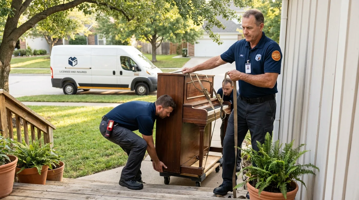 Licensed piano movers securing grand piano in Morton, TX