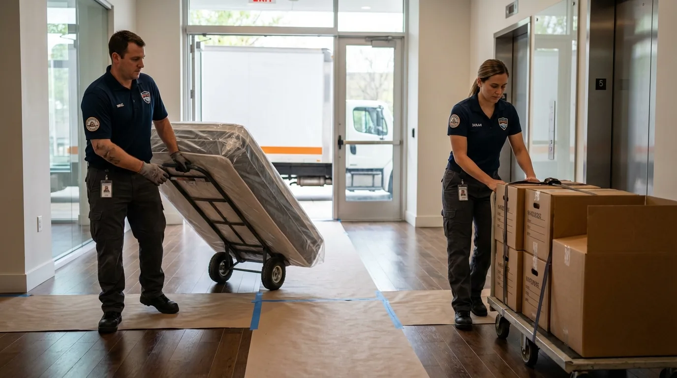 Professional apartment movers loading elevator in Morton, TX